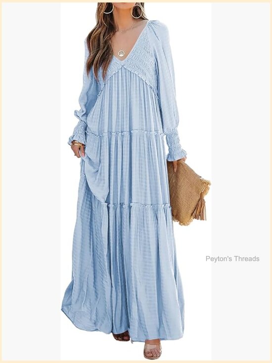 Dresses & Skirts - Maxi Dress Long Sleeve V Neck Empire Waist Ruffle Boho Casual Flowy